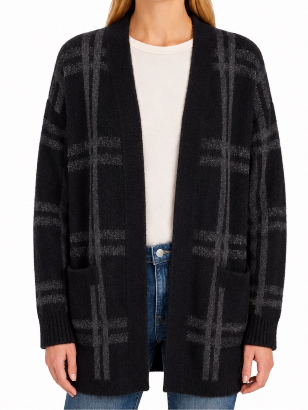 NWT BAREFOOT DREAMS Cozychic Canyon Soft Slouchy Lounge Windowpane Open Cardigan